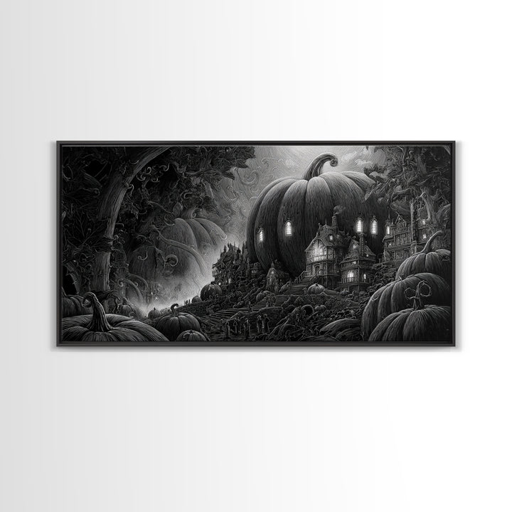 The Pumpkin-House Neighborhood, Biomechanical Horror Art, Wide Panoramic Art, Dark Halloween Decor, Framed Canvas Print, Halloween Wall Art