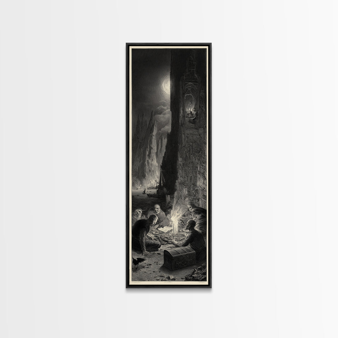 The Ghost Pirate Picnic, Gothic Engraving Art, Tall Narrow Wall Art, Dark Fantasy Wall Art, Framed Canvas Print, Halloween Wall Art