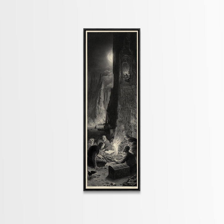 The Ghost Pirate Picnic, Gothic Engraving Art, Tall Narrow Wall Art, Dark Fantasy Wall Art, Framed Canvas Print, Halloween Wall Art