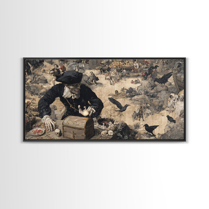The Ghost Pirate Picnic, Northern Renaissance Horror, Wide Panoramic Art, Macabre Wall Art, Framed Canvas Print