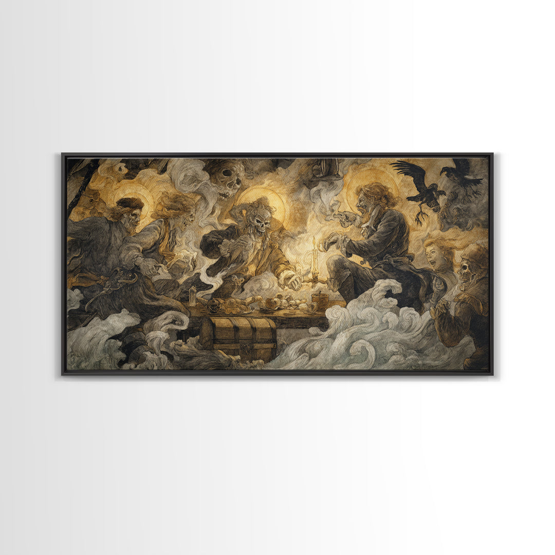 The Ghost Pirate Picnic, Dark Renaissance Art, Wide Panoramic Art, Dark Fantasy Wall Art, Canvas Print, Halloween Wall Art