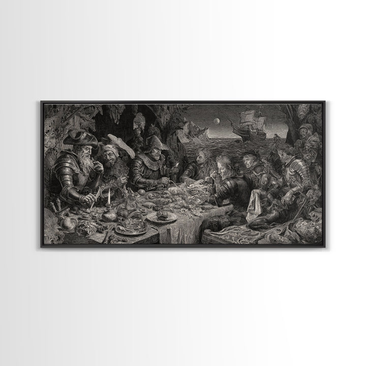 The Ghost Pirate Picnic, Renaissance Engraving Art, Wide Panoramic Art, Gothic Horror Wall Art, Canvas Print, Halloween Wall Art