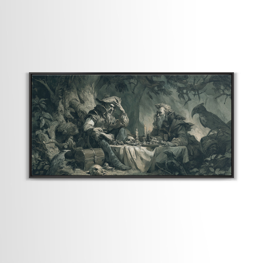 The Ghost Pirate Picnic, Baroque Witchcraft Art, Wide Panoramic Art, Gothic Horror Wall Art, Framed Canvas Print, Halloween Wall Art