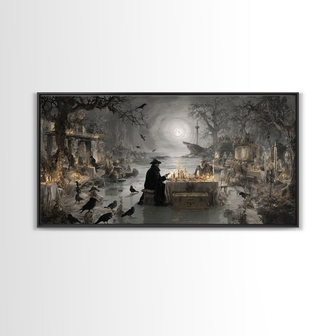 The Ghost Pirate Picnic, Romantic Gothic Landscape, Wide Panoramic Art, Macabre Wall Art, Framed Canvas Print, Halloween Wall Art