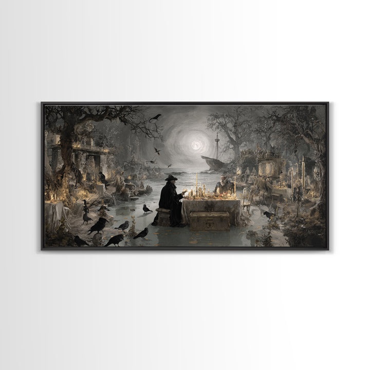The Ghost Pirate Picnic, Romantic Gothic Landscape, Wide Panoramic Art, Macabre Wall Art, Framed Canvas Print, Halloween Wall Art
