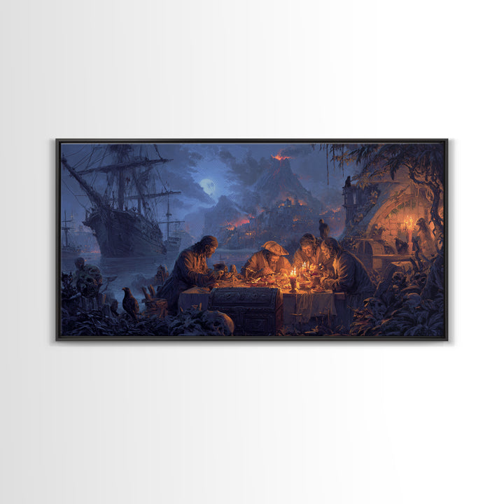 The Ghost Pirate Picnic, Apocalyptic Romantic Art, Wide Panoramic Art, Macabre Wall Art, Framed Canvas Print, Halloween Wall Art