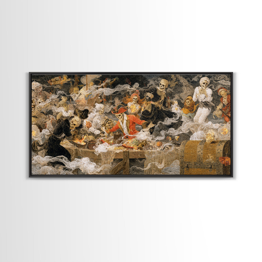 The Ghost Pirate Picnic, Grotesque Carnival Art, Wide Panoramic Art, Dark Fantasy Wall Art, Framed Canvas Print, Halloween Wall Art