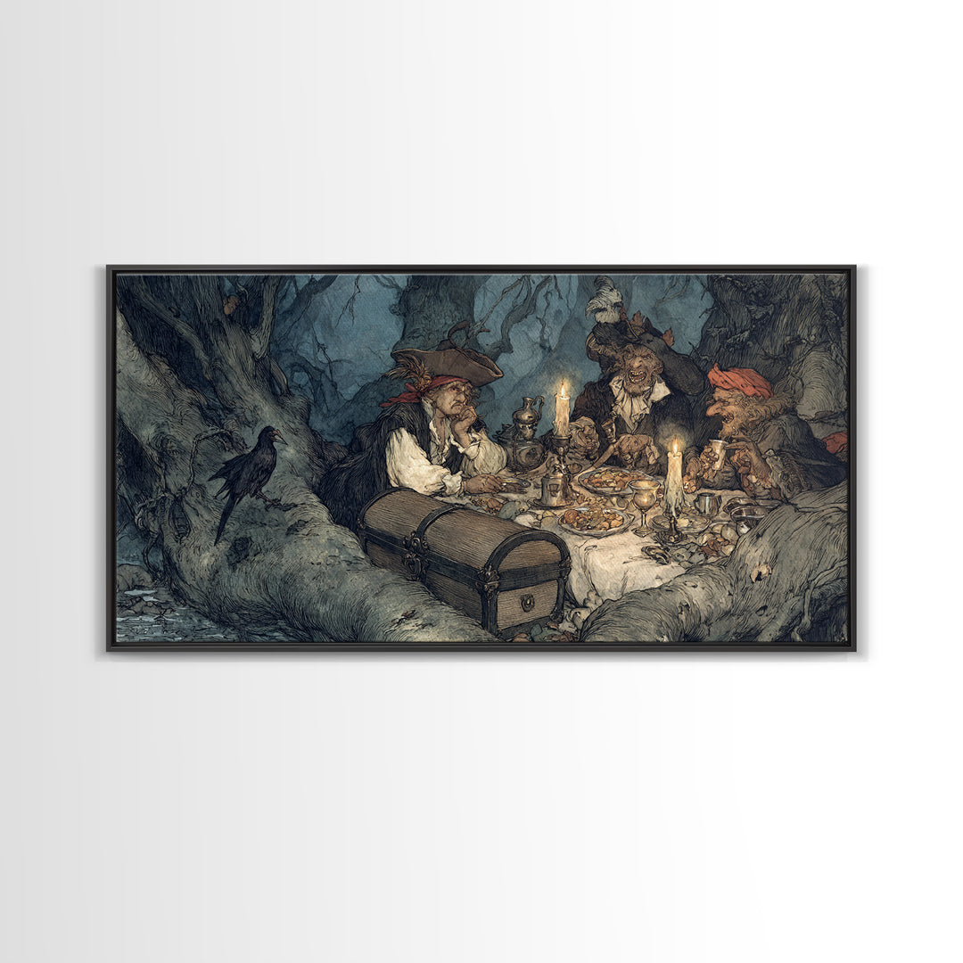 The Ghost Pirate Picnic, Gothic Storybook Art, Wide Panoramic Art, Dark Fantasy Wall Art, Canvas Print, Halloween Wall Art