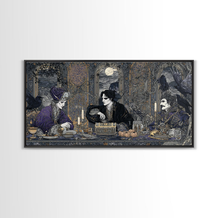 The Ghost Pirate Picnic, Stained Glass Gothic Art, Wide Panoramic Art, Dark Halloween Decor, Framed Canvas Print, Halloween Wall Art