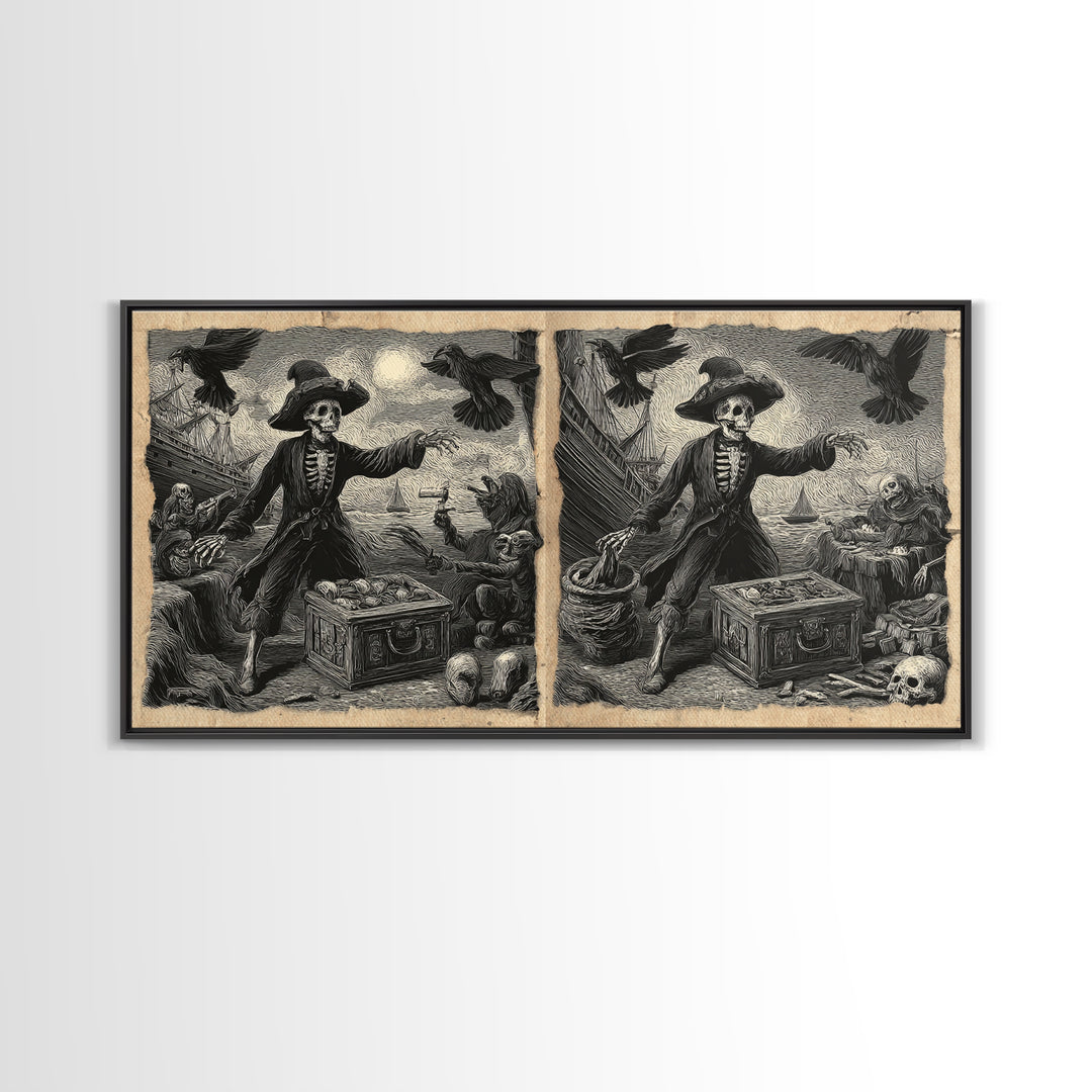 The Ghost Pirate Picnic, Macabre Folk Print Art, Wide Panoramic Art, Dark Fantasy Wall Art, Framed Canvas Print, Halloween Decor