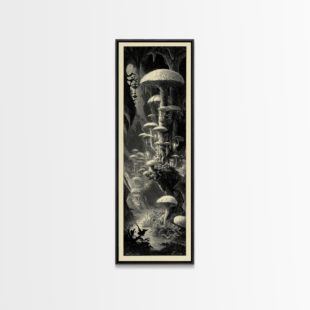 The Moonlit Mushroom Village, Gothic Engraving Art, Tall Narrow Wall Art, Macabre Wall Art, Canvas Print, Halloween Wall Art
