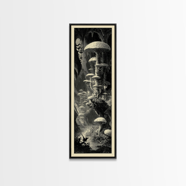 The Moonlit Mushroom Village, Gothic Engraving Art, Tall Narrow Wall Art, Macabre Wall Art, Canvas Print, Halloween Wall Art
