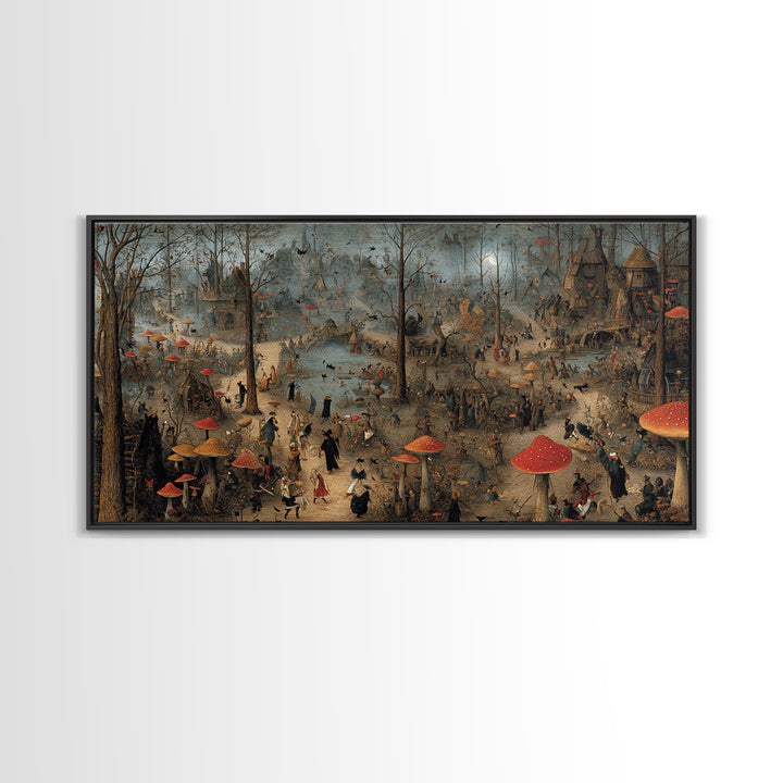 The Moonlit Mushroom Village, Northern Renaissance Horror, Wide Panoramic Art, Macabre Wall Art, Canvas Print, Halloween Wall Art
