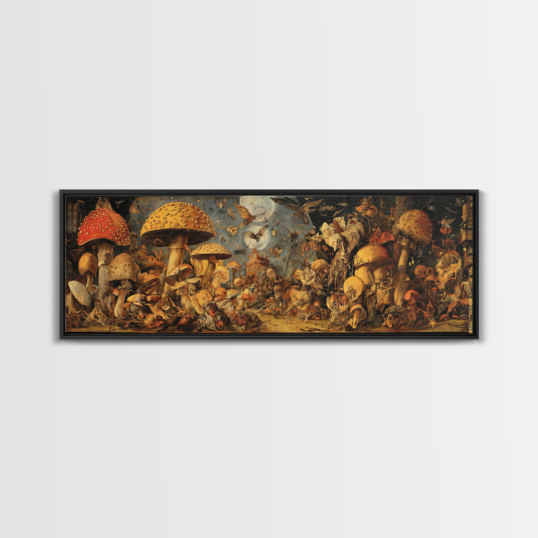 The Moonlit Mushroom Village, Dark Renaissance Art, Extra Wide Wall Art, Dark Fantasy Wall Art, Framed Canvas Print