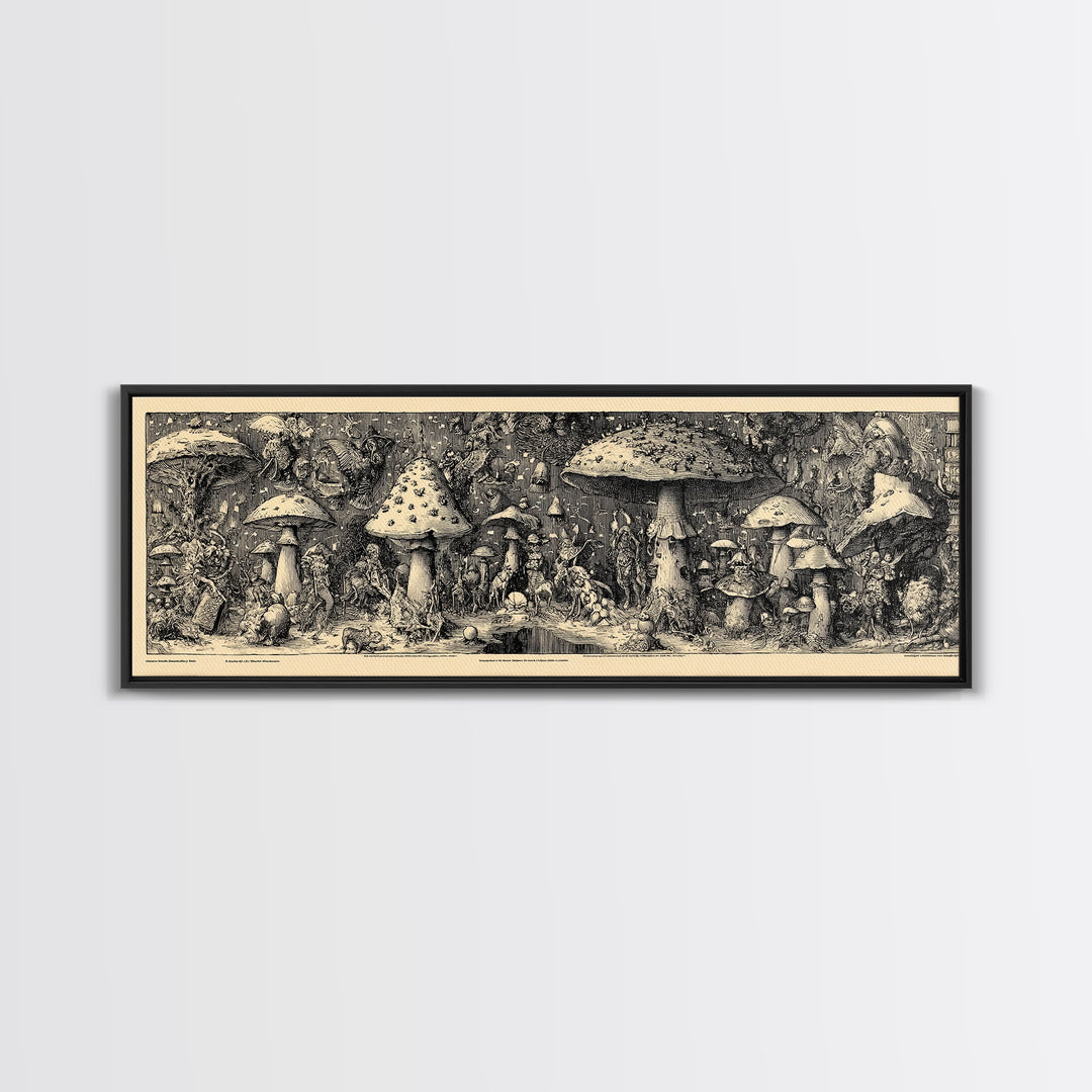 The Moonlit Mushroom Village, Renaissance Engraving Art, Extra Wide Wall Art, Dark Halloween Decor, Framed Canvas Print, Macabre Wall Art