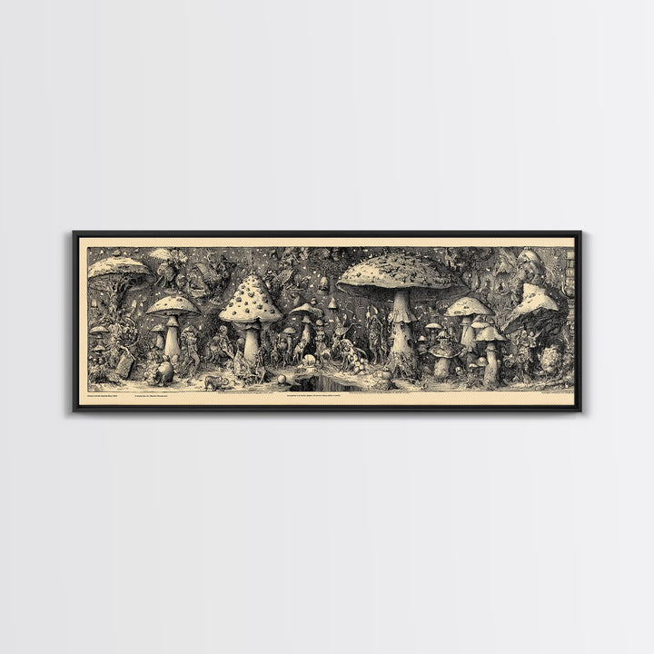 The Moonlit Mushroom Village, Renaissance Engraving Art, Extra Wide Wall Art, Dark Halloween Decor, Framed Canvas Print, Macabre Wall Art