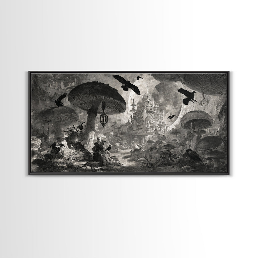The Moonlit Mushroom Village, Architectural Etching Art, Wide Panoramic Art, Gothic Horror Wall Art, Canvas Print