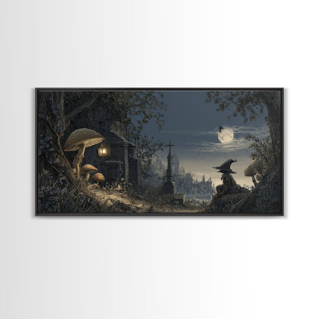 The Moonlit Mushroom Village, Romantic Gothic Landscape, Wide Panoramic Art, Dark Fantasy Wall Art, Canvas Print, Dark Fantasy Art
