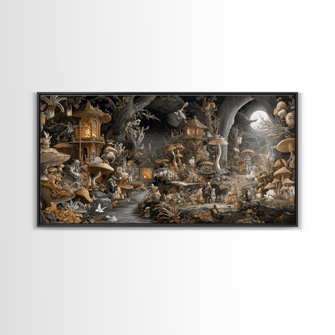 The Moonlit Mushroom Village, Apocalyptic Romantic Art, Wide Panoramic Art, Dark Fantasy Wall Art, Canvas Print, Halloween Wall Art