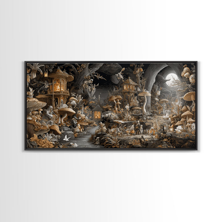 The Moonlit Mushroom Village, Apocalyptic Romantic Art, Wide Panoramic Art, Dark Fantasy Wall Art, Canvas Print, Halloween Wall Art