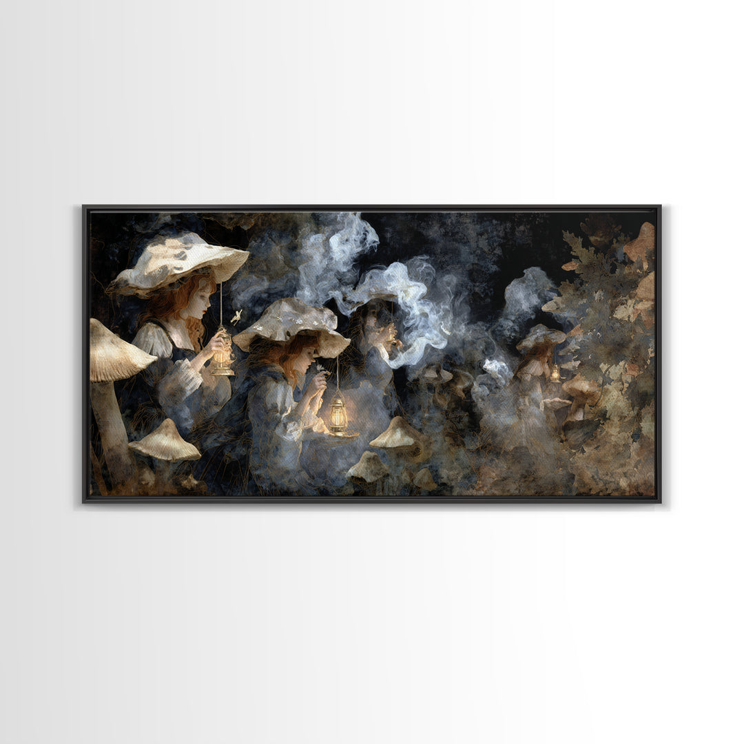 The Moonlit Mushroom Village, Symbolist Gothic Landscape, Wide Panoramic Art, Dark Fantasy Wall Art, Canvas Print, Halloween Wall Art