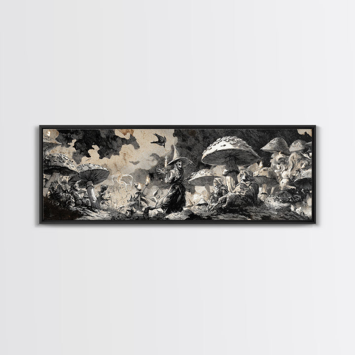 The Moonlit Mushroom Village, Decadent Gothic Art, Extra Wide Wall Art, Dark Halloween Decor, Framed Canvas Print, Halloween Wall Art