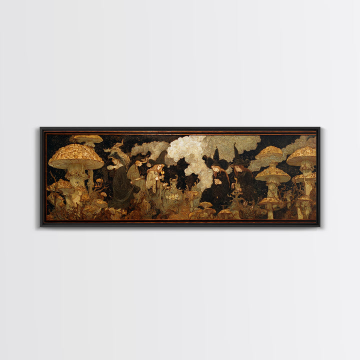 The Moonlit Mushroom Village, Dark Symbolist Art, Extra Wide Wall Art, Gothic Horror Wall Art, Canvas Print, Halloween Wall Art