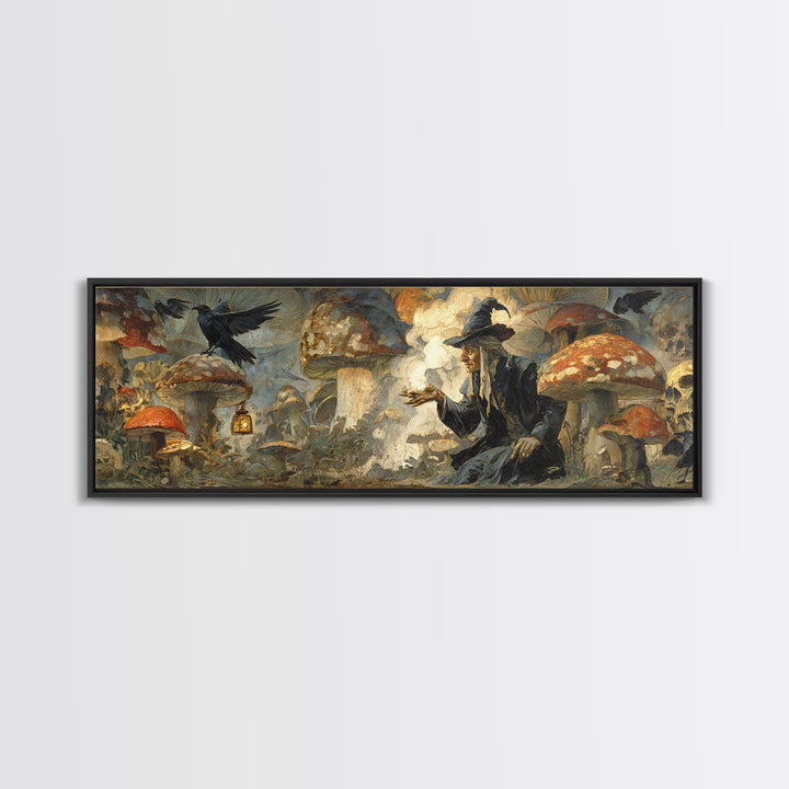 The Moonlit Mushroom Village, Symbolist Etching Art, Extra Wide Wall Art, Gothic Horror Wall Art, Canvas Print, Halloween Wall Art