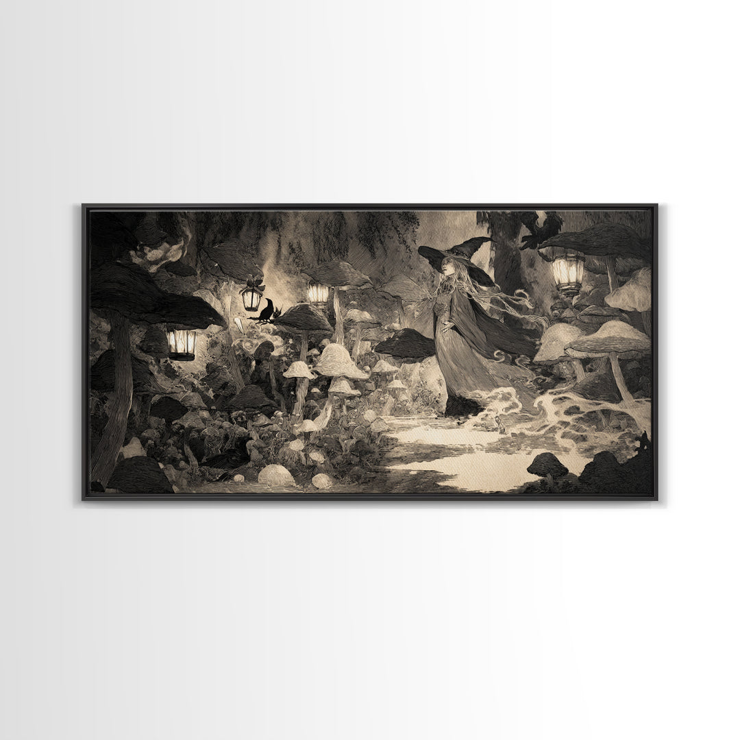 The Moonlit Mushroom Village, Expressionist Nightmare Art, Wide Panoramic Art, Gothic Horror Wall Art, Canvas Print, Halloween Wall Art