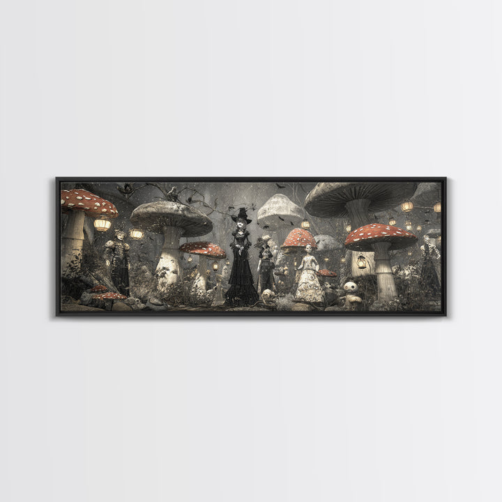 The Moonlit Mushroom Village, Expressionist Gothic Art, Extra Wide Wall Art, Dark Fantasy Wall Art, Framed Canvas Print, Halloween Wall Art
