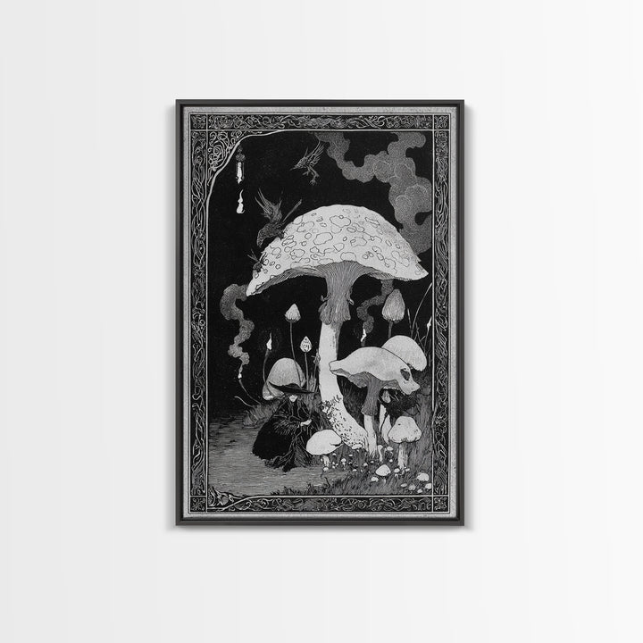 The Moonlit Mushroom Village, Decadent Line Art, Vertical Wall Art, Macabre Wall Art, Framed Canvas Print, Halloween Wall Art
