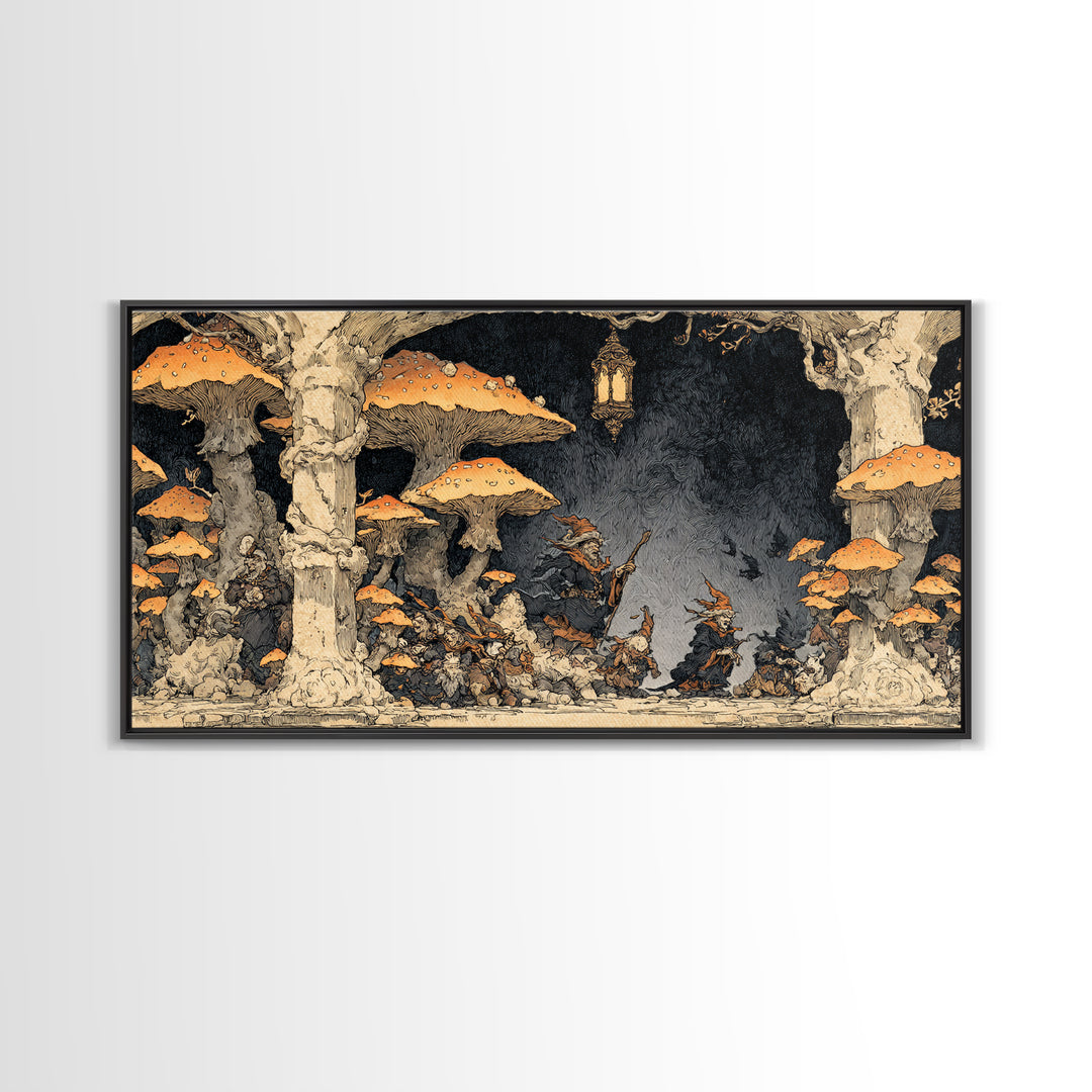 The Moonlit Mushroom Village, Gothic Storybook Art, Wide Panoramic Art, Gothic Horror Wall Art, Canvas Print, Halloween Wall Art