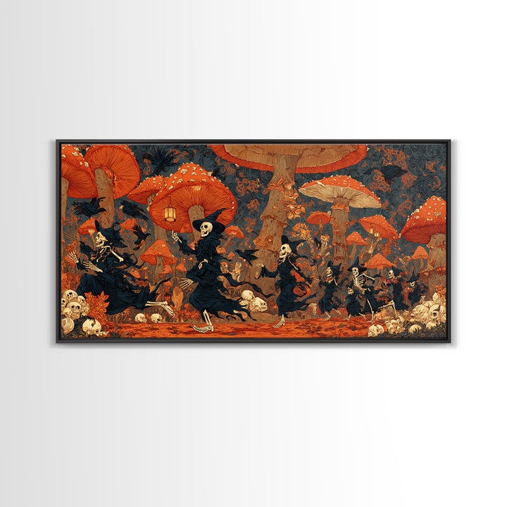 The Moonlit Mushroom Village, Macabre Folk Print Art, Wide Panoramic Art, Dark Halloween Decor, Framed Canvas Print