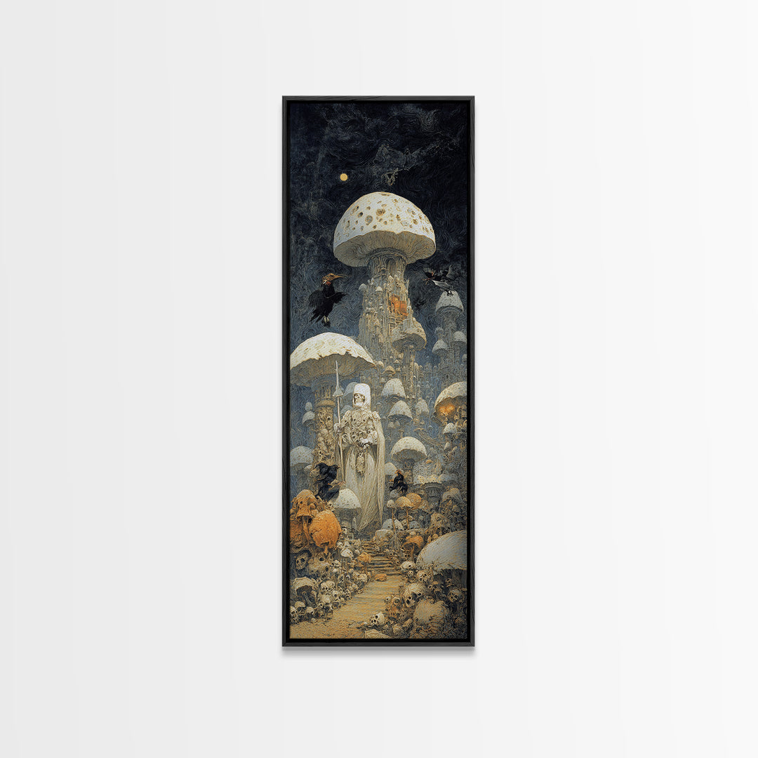 The Moonlit Mushroom Village, Surreal Apocalyptic Art, Tall Narrow Wall Art, Gothic Horror Wall Art, Framed Canvas Print