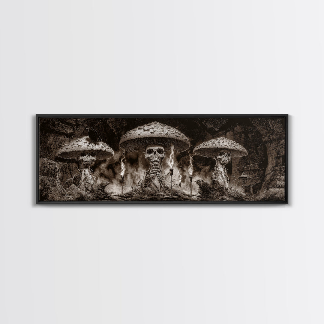 The Moonlit Mushroom Village, Biomechanical Horror Art, Extra Wide Wall Art, Gothic Horror Wall Art, Canvas Print, Halloween Wall Art