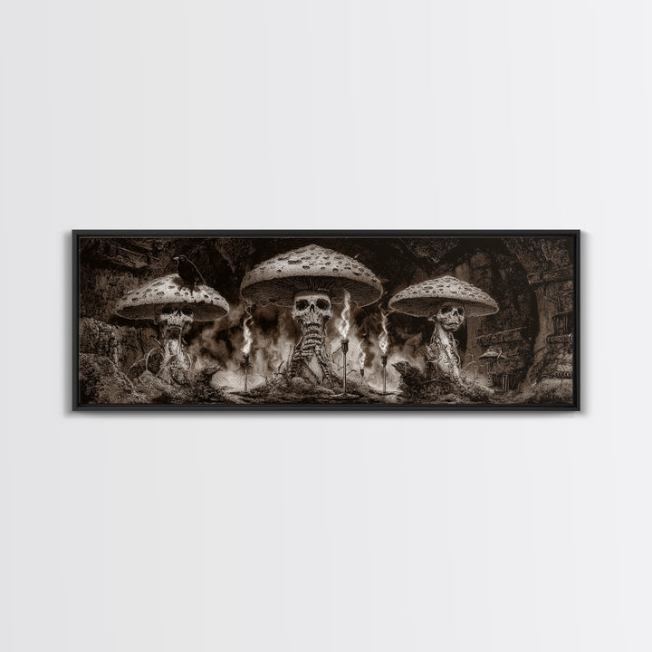 The Moonlit Mushroom Village, Biomechanical Horror Art, Extra Wide Wall Art, Gothic Horror Wall Art, Canvas Print, Halloween Wall Art