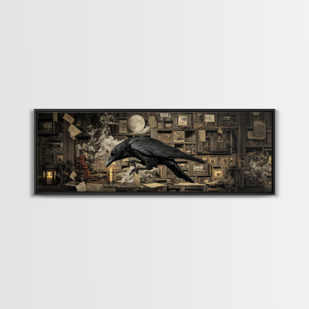 The Raven Post Office, Medieval Grotesque Art, Extra Wide Wall Art, Dark Halloween Decor, Framed Canvas Print, Halloween Wall Art