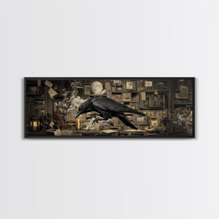 The Raven Post Office, Medieval Grotesque Art, Extra Wide Wall Art, Dark Halloween Decor, Framed Canvas Print, Halloween Wall Art