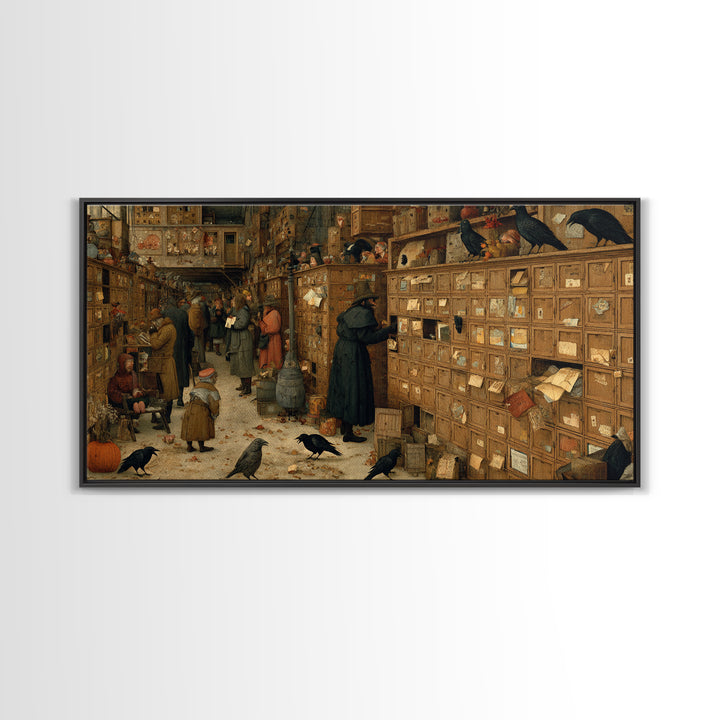 The Raven Post Office, Northern Renaissance Horror, Wide Panoramic Art, Dark Fantasy Wall Art, Framed Canvas Print