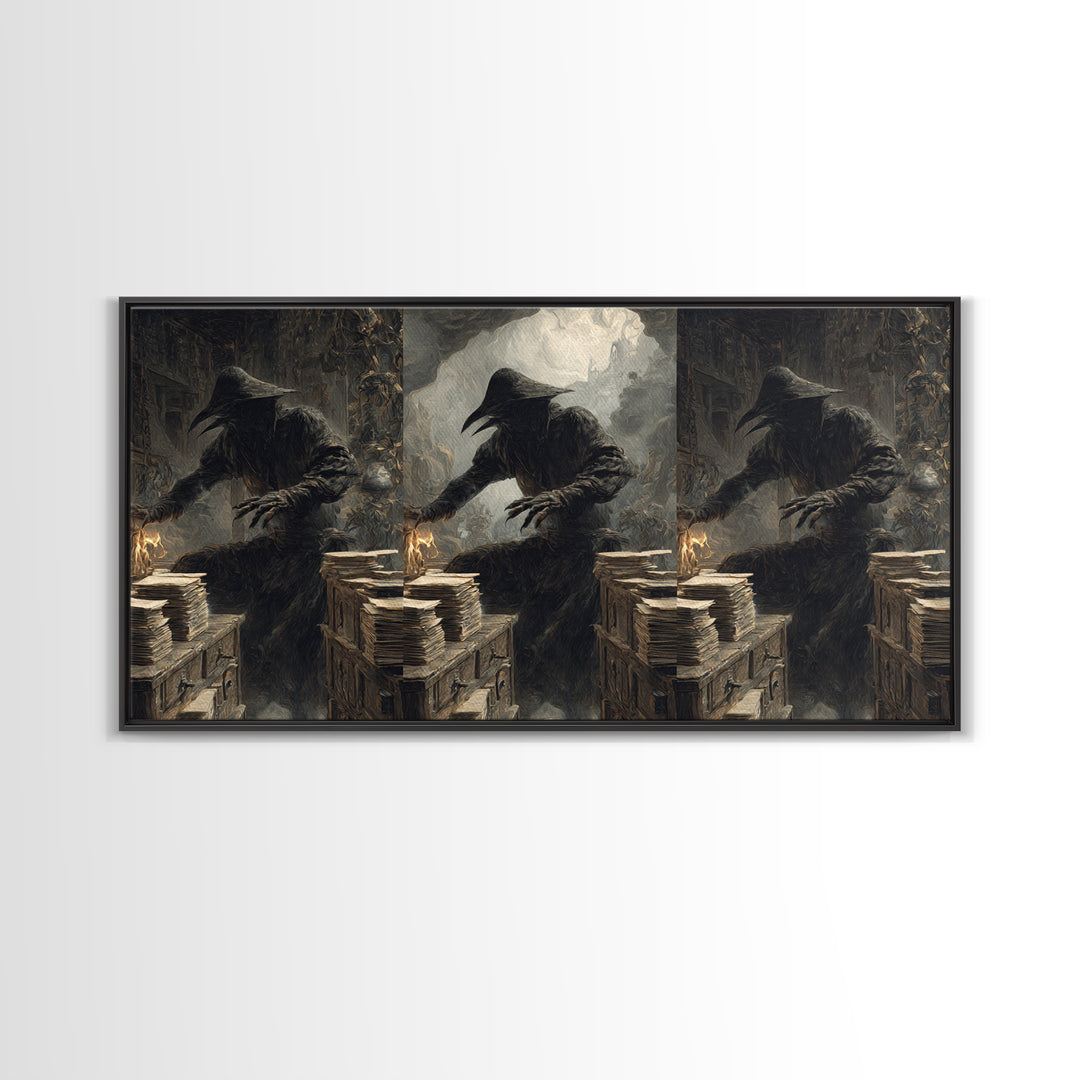 The Raven Post Office, Baroque Witchcraft Art, Wide Panoramic Art, Macabre Wall Art, Framed Canvas Print, Halloween Wall Art