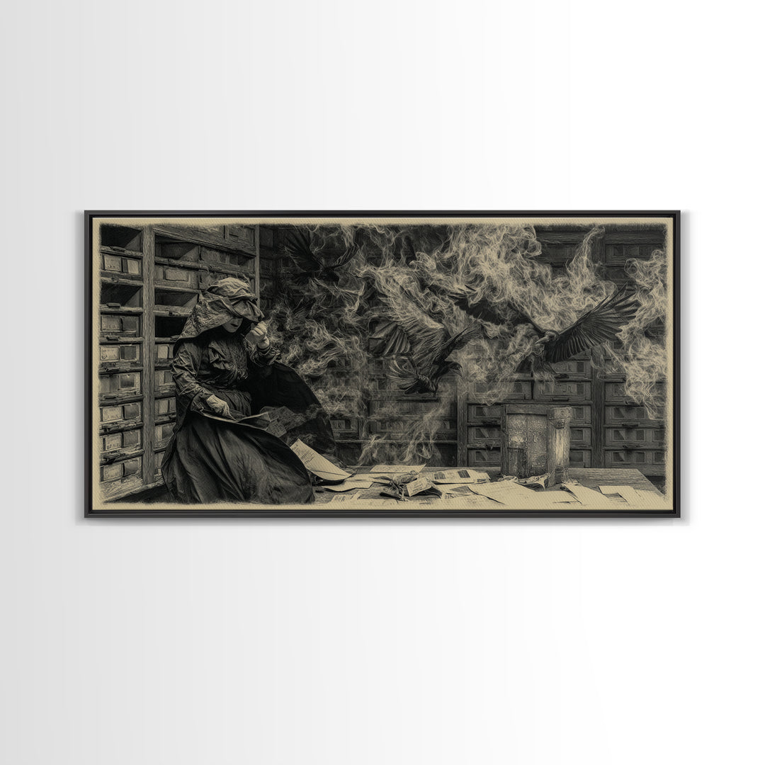 The Raven Post Office, Dark Romantic Horror Art, Wide Panoramic Art, Dark Fantasy Wall Art, Canvas Print, Halloween Wall Art