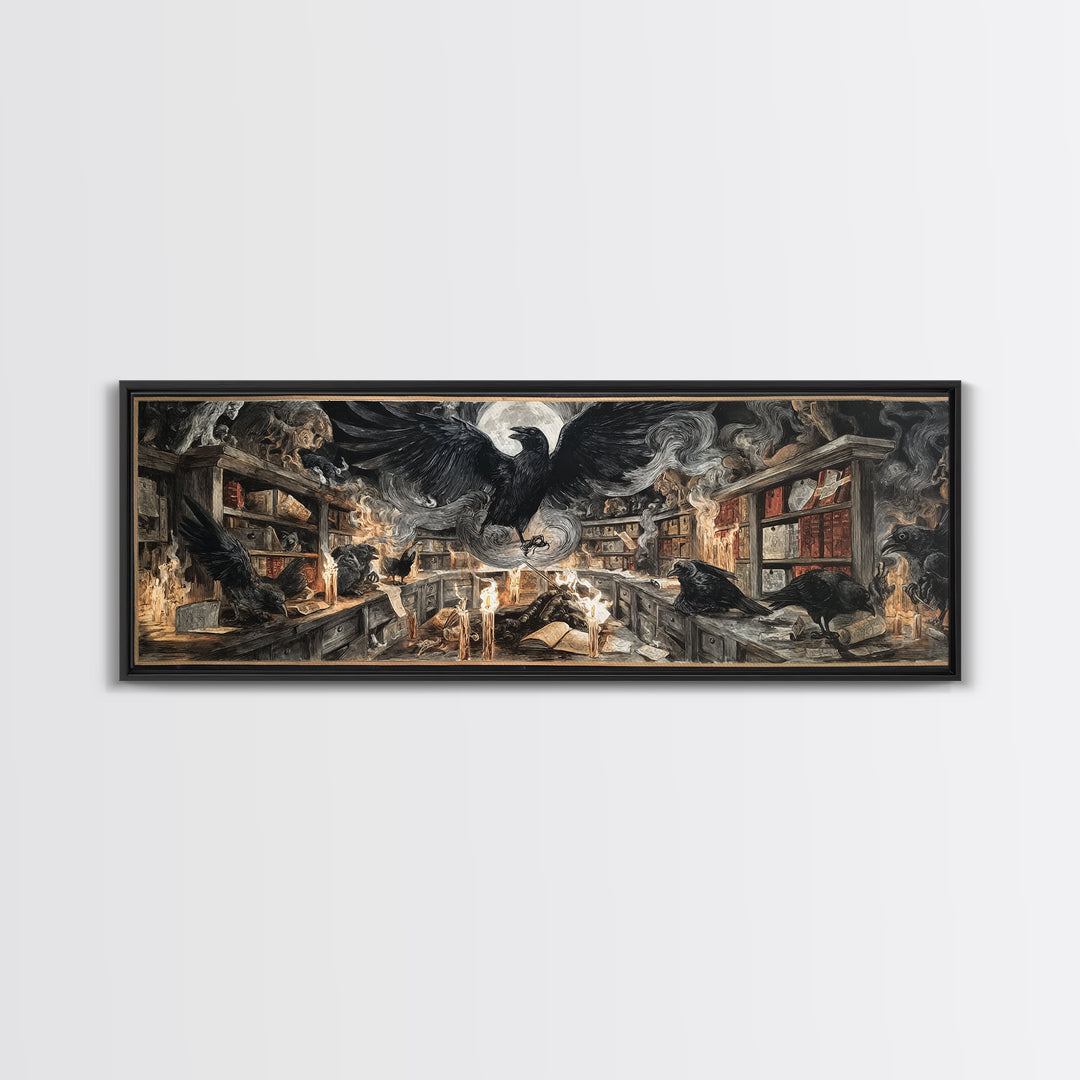The Raven Post Office, Visionary Gothic Art, Extra Wide Wall Art, Macabre Wall Art, Framed Canvas Print, Halloween Wall Art