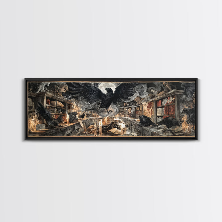 The Raven Post Office, Visionary Gothic Art, Extra Wide Wall Art, Macabre Wall Art, Framed Canvas Print, Halloween Wall Art