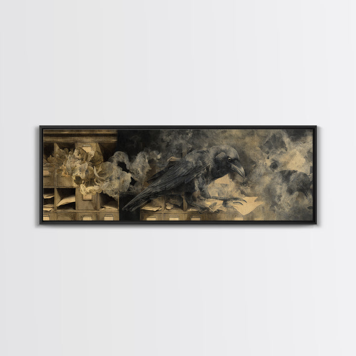 The Raven Post Office, Symbolist Dream Art, Extra Wide Wall Art, Macabre Wall Art, Framed Canvas Print, Halloween Wall Art