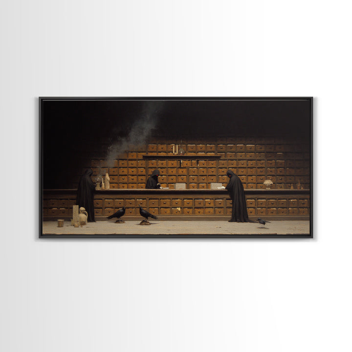 The Raven Post Office, Symbolist Gothic Landscape, Wide Panoramic Art, Macabre Wall Art, Framed Canvas Print, Halloween Wall Art