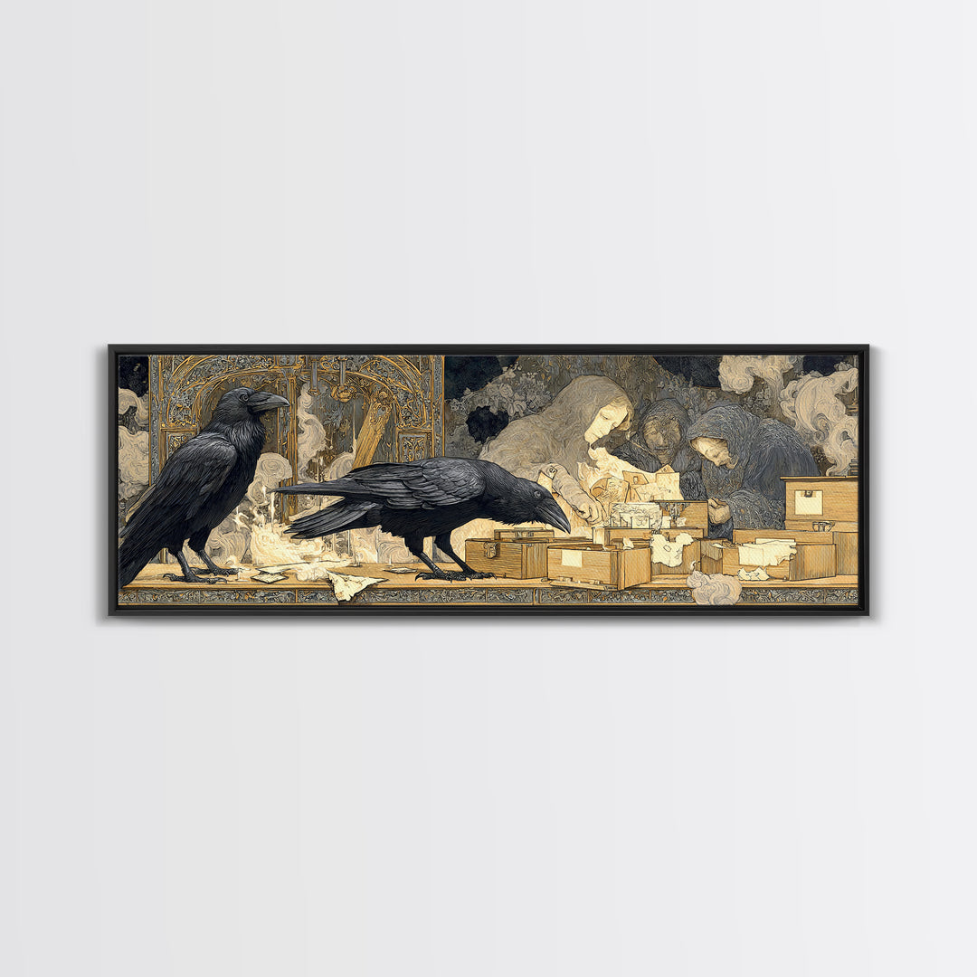 The Raven Post Office, Symbolist Death Art, Extra Wide Wall Art, Dark Halloween Decor, Framed Canvas Print, Halloween Wall Art
