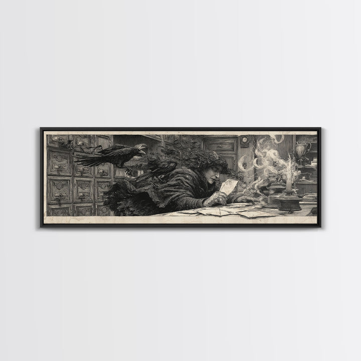 The Raven Post Office, Symbolist Etching Art, Extra Wide Wall Art, Dark Fantasy Wall Art, Canvas Print, Halloween Wall Art