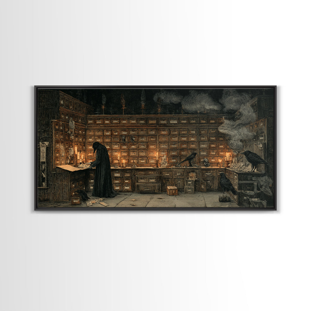The Raven Post Office, Expressionist Nightmare Art, Wide Panoramic Art, Dark Fantasy Wall Art, Framed Canvas Print, Halloween Wall Art