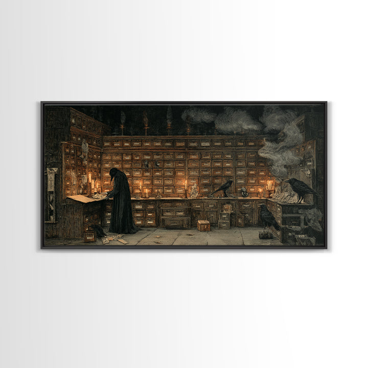The Raven Post Office, Expressionist Nightmare Art, Wide Panoramic Art, Dark Fantasy Wall Art, Framed Canvas Print, Halloween Wall Art