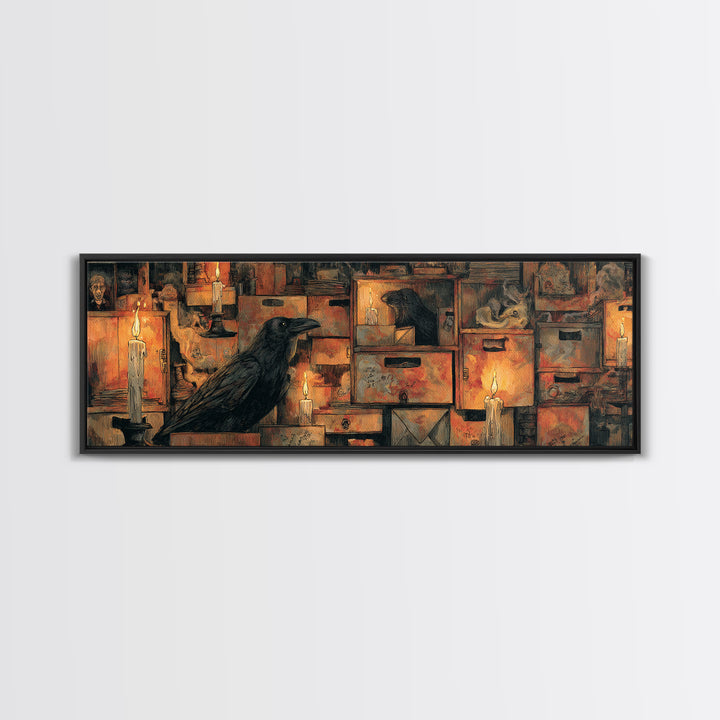 The Raven Post Office, Expressionist Gothic Art, Extra Wide Wall Art, Macabre Wall Art, Framed Canvas Print, Halloween Wall Art